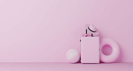 Pink luggage, suitcase, travel bag, hat, sunglasses, beach ball and swimming ring on pastel pink...