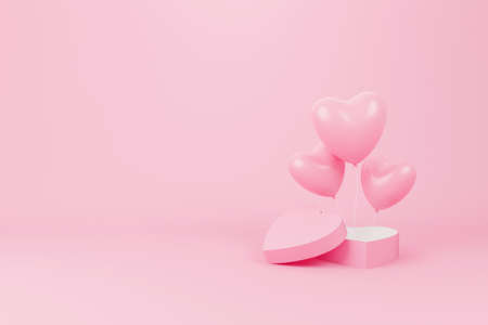 Gift box shaped heart and balloon pink heart with copy space. 3d rendering