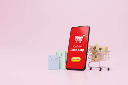 Online shopping concept. Web or mobile application ecommerce. Smartphone and carton paper box in shopping cart and shopping bag on pink background. 3d renderingの写真素材