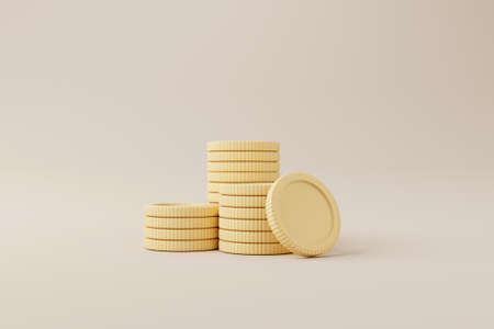 Gold coins stack on background. Save money and financial investment concept. 3d render illustration.の写真素材