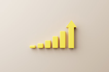 Growthing yellow graph bar with arrow sign on background. Business development to success and growing growth concept. 3d rendering illustrationの写真素材