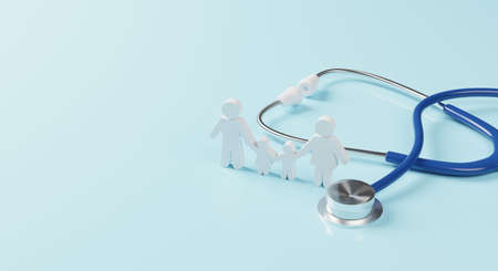 Top view of medical stethoscope and icon family on cyan background. Health care insurance concept. 3d renderingの写真素材