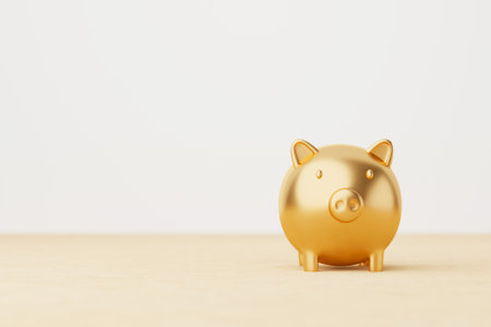 Save money and investment concept. Gold piggy bank on wood table. 3d rendering illustrationの写真素材