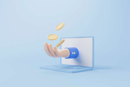 Gold coins fall dropping on hand and computer laptop on blue background. Fintech finance innovation...
