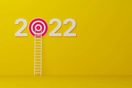 New year resolution 2022. Goal achievement. Ambition aiming success. Dartboard and ladder to success...