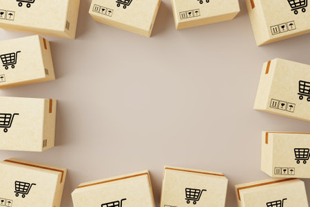 Online shopping concept. Web or mobile application ecommerce. Top view carton paper box and blank...