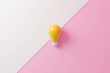 Light bulb yellow on pink and white background. Concept of creative idea and innovation. 3d...