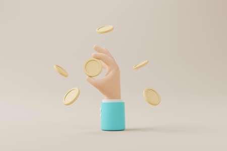 Hand holding gold coin and coins falling on the floor. Save money and financial investment concept....