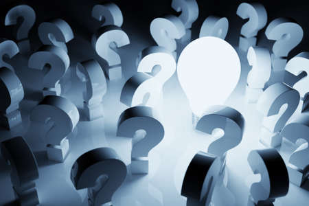 Light bulb bright outstanding among question mark on white background. Concept of creative idea and...