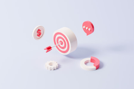 Isometric aiming dart board and arrow. Business achievement goal and objective target concept. 3d rendering illustrationの写真素材