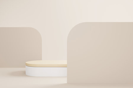 Abstract minimal scene with wooden podium and backdrop in studio lighting beige background. Product presentation showcase, Mock up stage, Cosmetic product display, Podium, stage pedestal. 3d renderingの写真素材