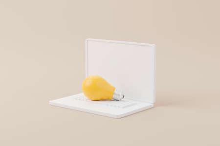 Light bulb with computer laptop on background. Minimal design. Concept of creative idea and innovation. 3d render illustrationの写真素材