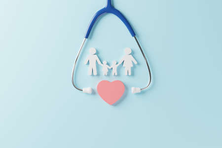 Top view of medical stethoscope and icon family with heart symbol on cyan background. Health care insurance concept. 3d renderingの写真素材