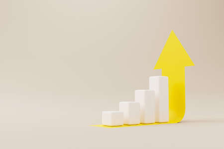 Growthing white graph bar with yellow arrow sign on background. Business development to success and growing growth concept. 3d rendering illustrationの写真素材