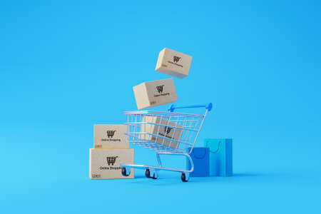 Online shopping concept. Web or mobile application ecommerce. Carton paper box with shopping cart...