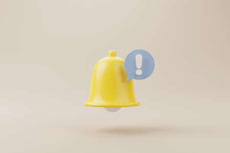 Yellow notification bell with icon new notification on brown background. 3d rendering illustrationの写真素材