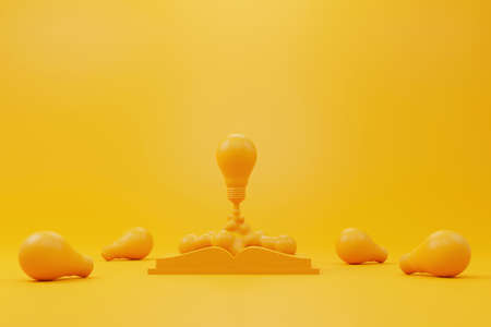Creative thinking ideas and innovation concept. Rocket light bulb flying on group of another...