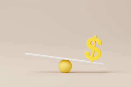 Dollar sign symbol on scale seesaw. Balance scale on background. 3d illustration