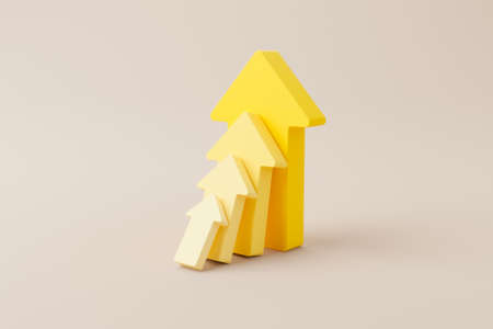 Growing yellow graph bar with arrow sign on background. Business development to success and growing growth concept. 3d rendering illustrationの写真素材
