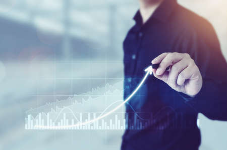 Business development to success and growing growth concept. Businessman pointing arrow graph...