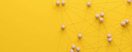 Human resource management and recruitment business. Social network connection. Group society communication. Wooden people with struture on yellow background. 3d renderingの写真素材