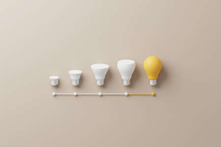 Light bulb yellow growthing outstanding among lightbulb white on background. Concept of creative idea and innovation, Unique, Think different. 3d rendering illustrationの写真素材