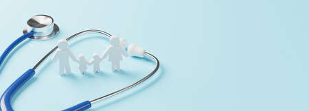 Top view of medical stethoscope and icon family on cyan background. Health care insurance concept. 3d renderingの写真素材