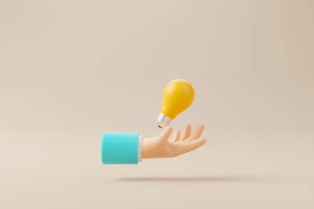Hand holding lightbulb on background. Thinking, Creative thinking good ideas and innovation concept. 3d render illustrationの写真素材