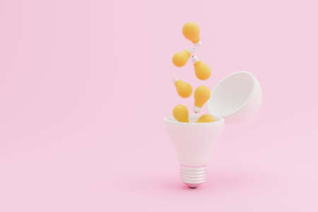 Yellow light bulb dropping inside white light bulb on pink background. Creative thinking ideas and innovation concept. 3d rendering illustrationの写真素材