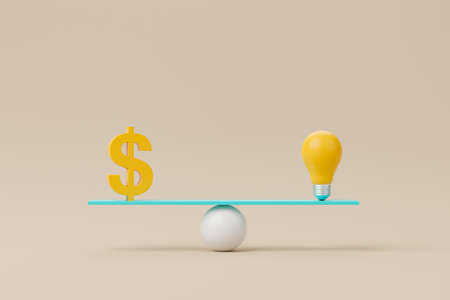 Dollar sign and light bulb on scale seesaw. Balance scale on background. 3d illustrationの写真素材