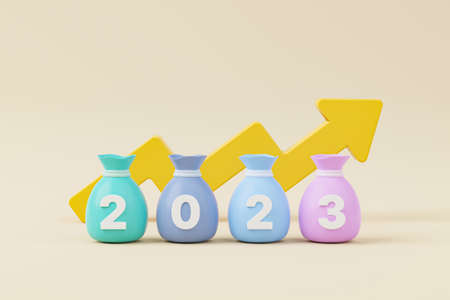 Money bag with year 2023 and arrow growth on background. Save money and investment concept. 3d render illustrationの写真素材