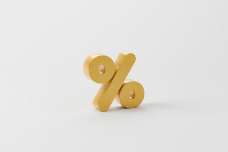 Gold color percentage icon on white background and copy space. 3d illustrationの写真素材