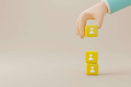 Human resources management and recruitment business build team concept, Hand putting cube block on top, Copy space. 3d renderingの写真素材