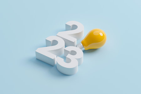 Creative idea and inspire innovation concept. Light bulb and 2023 new year on yellow background. Business solution and planning. 3d rendering illustrationの写真素材