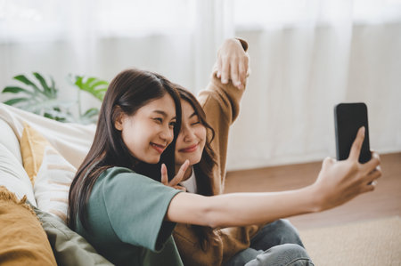 Two asian young women happy smiling and taking selfie on couch in living room at homeの写真素材
