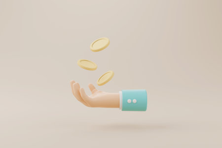 Gold coins falling drop on hand. Save money and financial investment concept. 3d render illustration.の写真素材