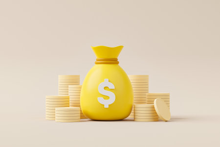 Money bag with icon dollar currency and gold coin stack on background. Save money and investment concept. 3d render illustrationの写真素材