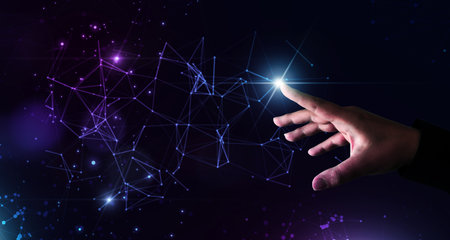 Big data computing concept. Digital neural network. Hand touching introduction of artificial intelligence. Global communication network. Cyberspace of future. Science and innovation of technologyの写真素材