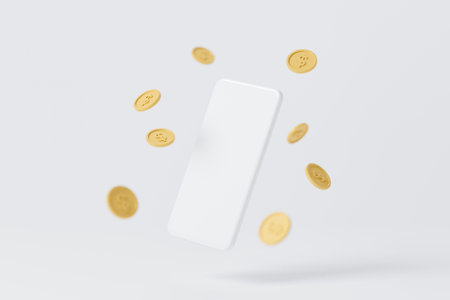 White mobile smartphone and gold coin on white background. Financial technology investment. Fintech future innovation. 3d render illustrationの写真素材
