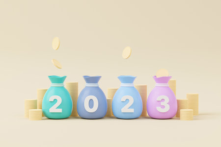 Money bag with year 2023 on background. Save money and investment concept. 3d render illustrationの写真素材