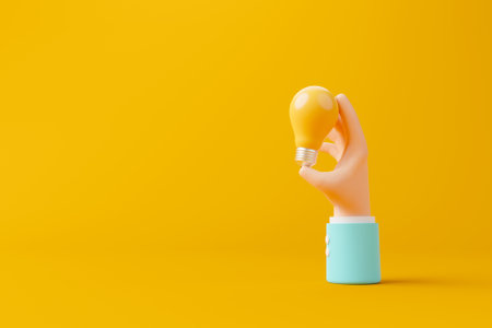 Hand holding lightbulb on yellow background. Thinking, Creative thinking good ideas and innovation concept. 3d render illustrationの写真素材
