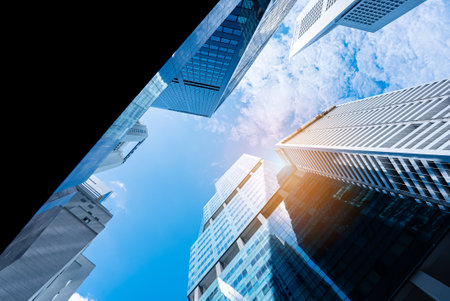 Office tall building. Low angle view of skyscrapers modern office building city in business center...