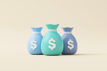 Money bag with icon dollar currency on background. Save money and investment concept. 3d render illustrationの写真素材