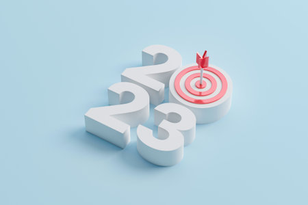 New year resolution 2023. Goal achievement. Ambition aiming success. Dartboard and arrow with number. 3d rendering illustrationの写真素材