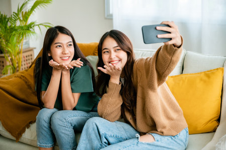 Two asian young women happy smiling and taking selfie on couch in living room at homeの写真素材