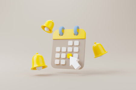 Yellow notification bell ringing and calendar deadline on brown background. 3d rendering illustrationの写真素材