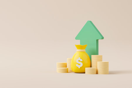 Money bag with icon dollar currency and gold coin stack and growing growth arrow on background. Save money and investment concept. 3d render illustrationの写真素材