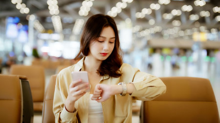 Asian woman waiting for departure at the airport on vacation holiday. Asia female passenger using mobile smart phone and sitting in terminal hall while waiting for her flightの写真素材