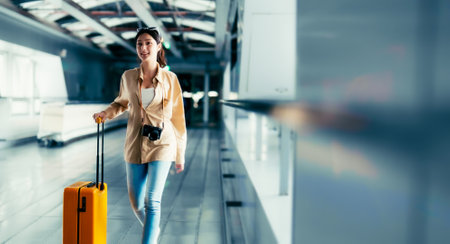 International airport terminal. Asian beautiful woman with luggage and walking in airportの写真素材