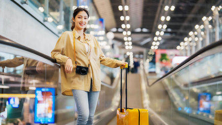 Young asian woman passenger in airport terminal or modern train station. Asia woman commuter travels with luggage on escalatorの写真素材